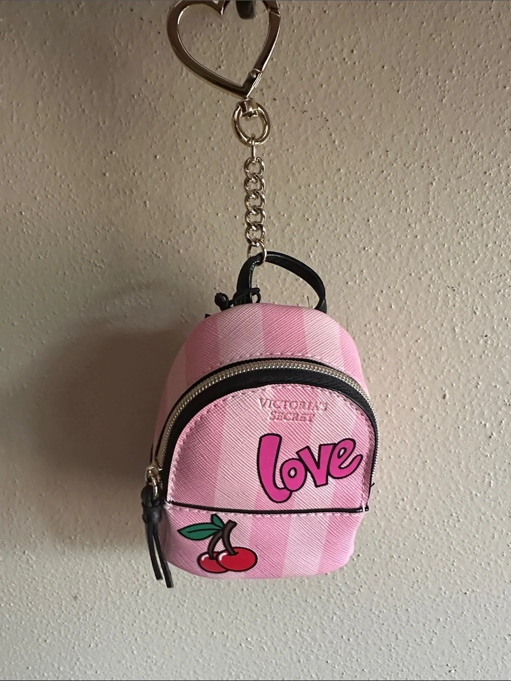 Victoria's Secret Pink Striped 'Love' Cherry Mini Backpack Keychain